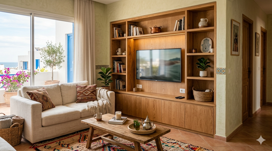 Salon moderne avec meuble sur mesure en bois intégré optimisant l’espace et le rangement intérieur